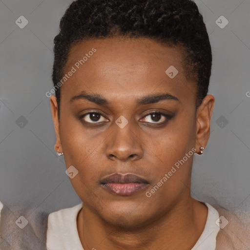 Neutral black young-adult female with short  brown hair and brown eyes