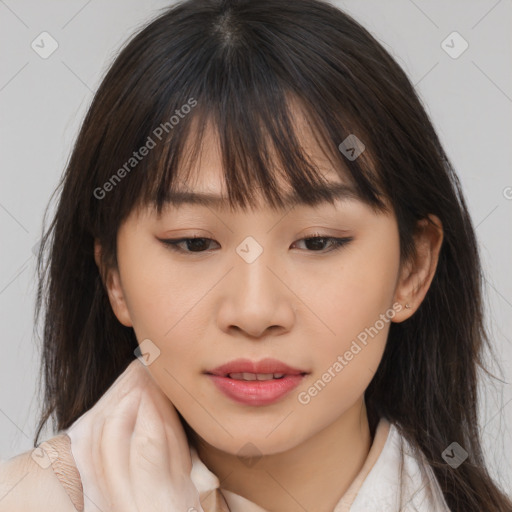 Neutral asian young-adult female with medium  brown hair and brown eyes