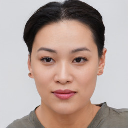 Neutral asian young-adult female with short  black hair and brown eyes