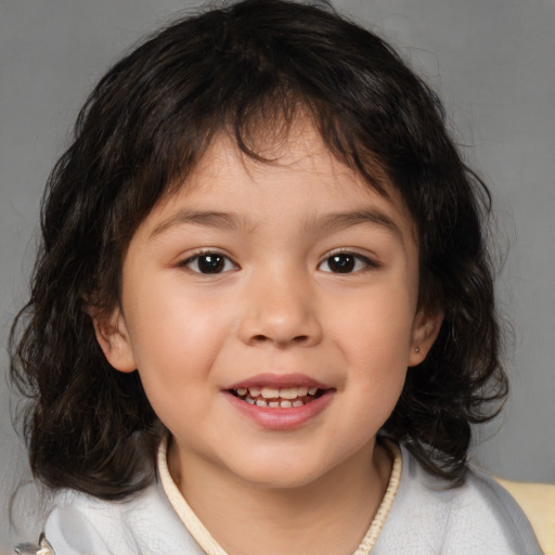 Joyful white child female with medium  brown hair and brown eyes