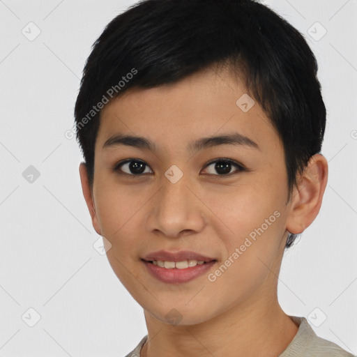 Joyful asian young-adult female with short  black hair and brown eyes