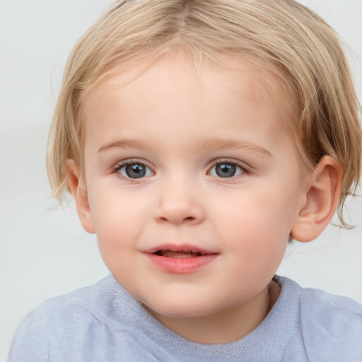 Joyful white child female with medium  brown hair and blue eyes