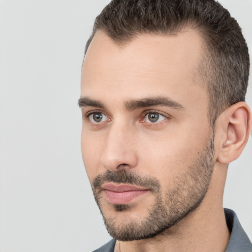 Neutral white young-adult male with short  brown hair and brown eyes