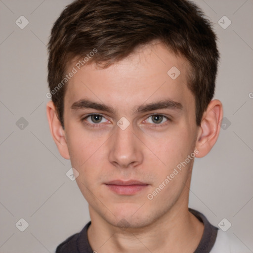 Neutral white young-adult male with short  brown hair and brown eyes