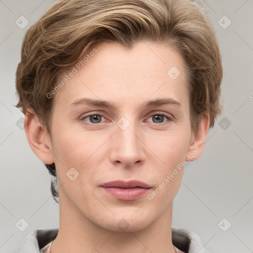 Joyful white young-adult female with short  brown hair and grey eyes