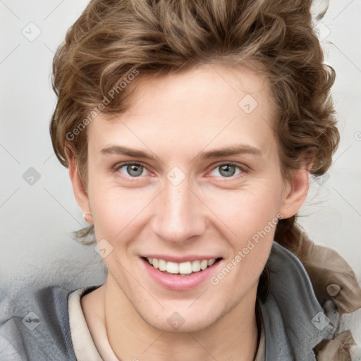 Joyful white young-adult female with medium  brown hair and blue eyes