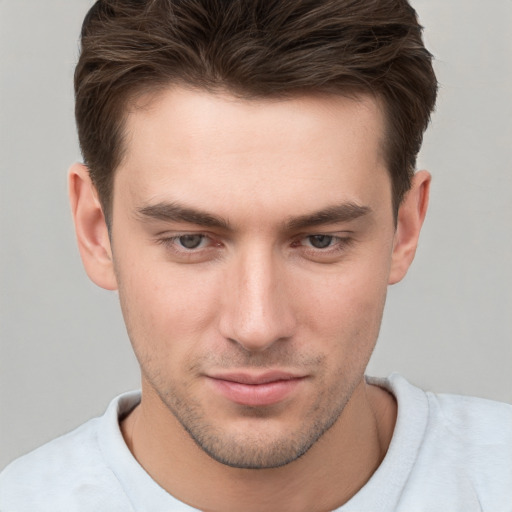 Neutral white young-adult male with short  brown hair and brown eyes