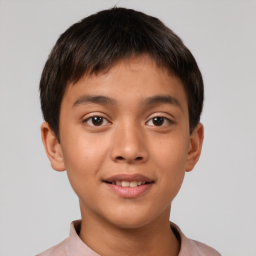 Joyful white child male with short  brown hair and brown eyes