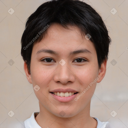 Joyful asian young-adult female with short  brown hair and brown eyes