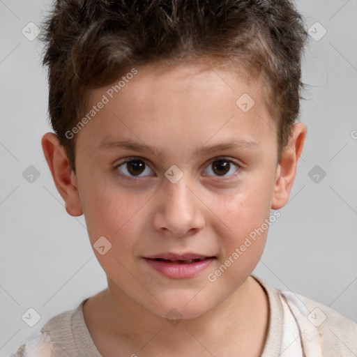 Joyful white child male with short  brown hair and brown eyes