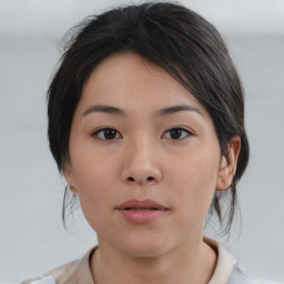 Neutral asian young-adult female with medium  brown hair and brown eyes