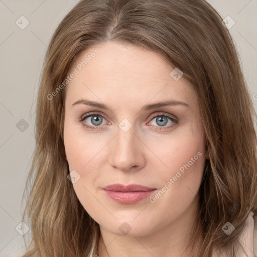 Joyful white young-adult female with medium  brown hair and green eyes