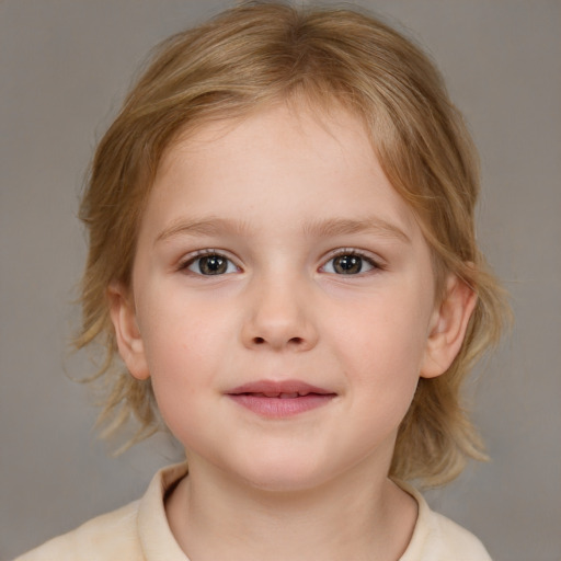 Joyful white child female with medium  brown hair and blue eyes