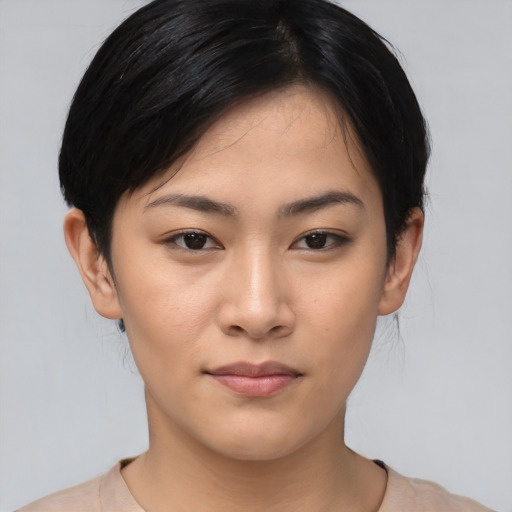 Neutral asian young-adult female with medium  black hair and brown eyes
