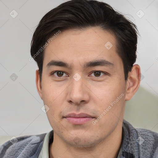 Neutral asian young-adult male with short  brown hair and brown eyes