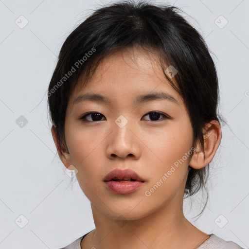 Neutral asian young-adult female with medium  brown hair and brown eyes