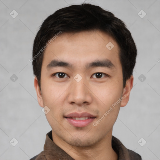 Neutral asian young-adult male with short  black hair and brown eyes