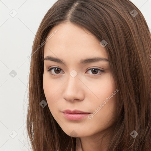 Neutral white young-adult female with long  brown hair and brown eyes