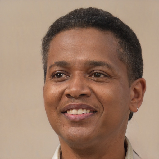 Joyful black adult male with short  brown hair and brown eyes
