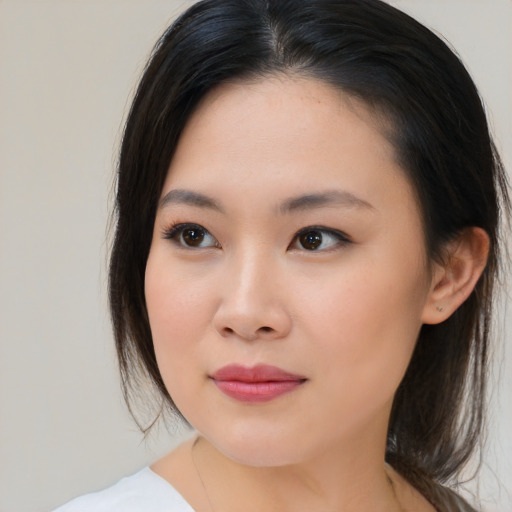 Neutral asian young-adult female with medium  brown hair and brown eyes
