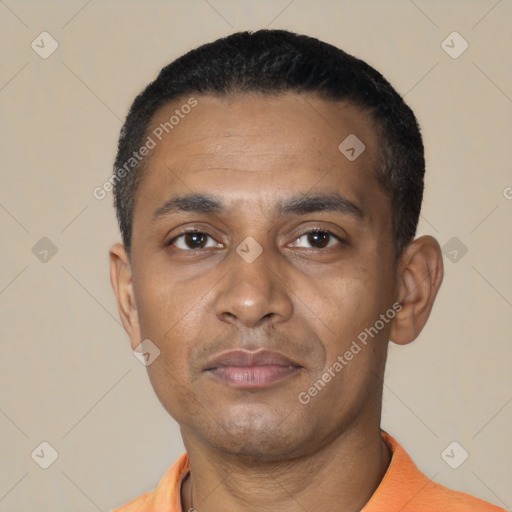 Neutral black adult male with short  black hair and brown eyes