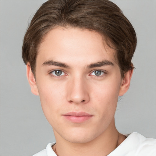 Neutral white young-adult male with short  brown hair and brown eyes