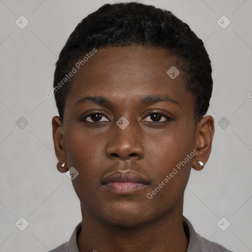 Neutral black young-adult female with short  brown hair and brown eyes