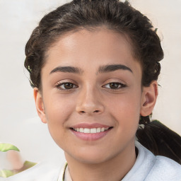 Joyful white child female with short  brown hair and brown eyes