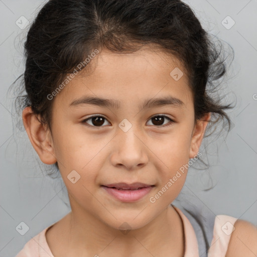 Joyful white child female with medium  brown hair and brown eyes