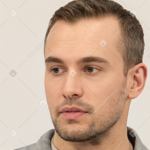 Neutral white young-adult male with short  brown hair and brown eyes