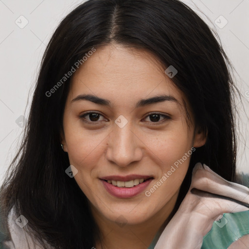 Joyful asian young-adult female with long  brown hair and brown eyes