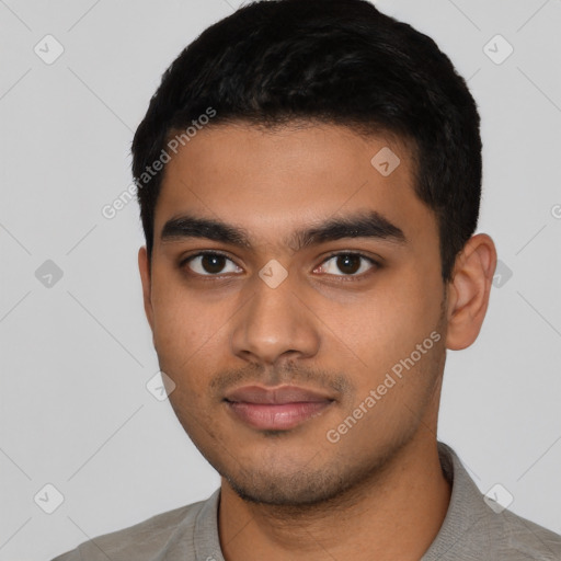 Neutral latino young-adult male with short  black hair and brown eyes