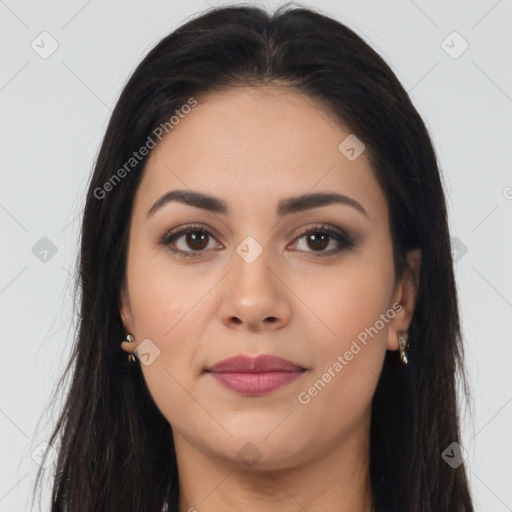 Joyful latino young-adult female with long  brown hair and brown eyes