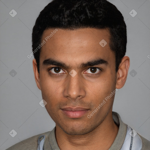 Neutral latino young-adult male with short  black hair and brown eyes