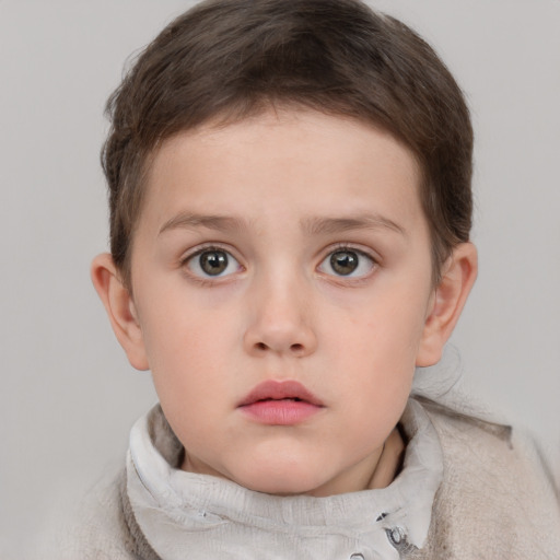 Neutral white child female with short  brown hair and grey eyes