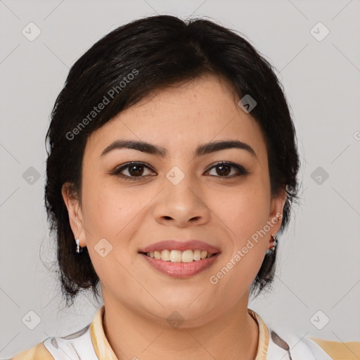 Joyful latino young-adult female with medium  black hair and brown eyes
