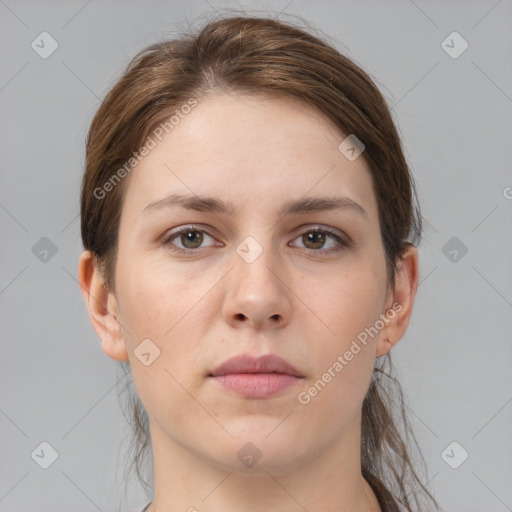 Neutral white young-adult female with short  brown hair and grey eyes