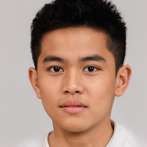 Neutral asian child male with short  black hair and brown eyes