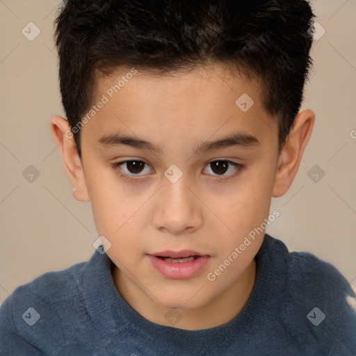 Joyful white child male with short  brown hair and brown eyes