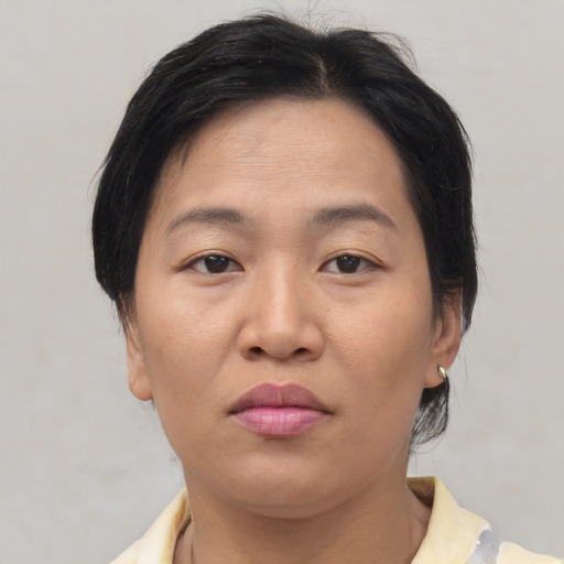 Neutral asian young-adult female with medium  brown hair and brown eyes