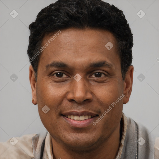 Joyful latino adult male with short  brown hair and brown eyes