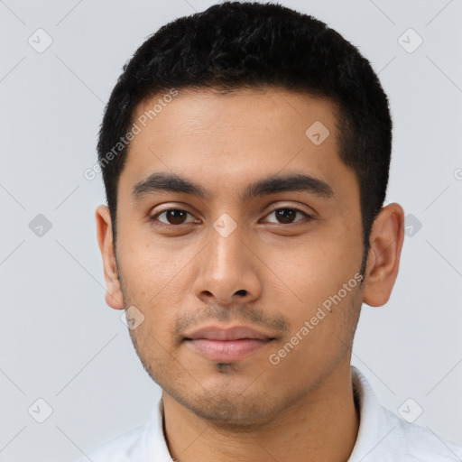 Neutral latino young-adult male with short  black hair and brown eyes