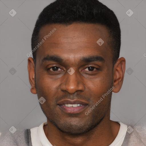 Joyful latino young-adult male with short  brown hair and brown eyes