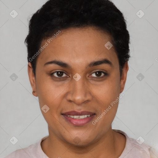 Joyful latino young-adult female with short  black hair and brown eyes