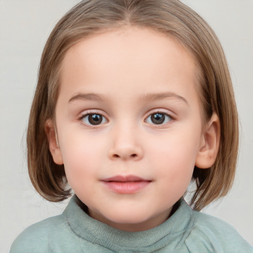 Neutral white child female with medium  brown hair and grey eyes