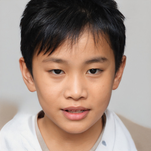 Joyful asian child male with short  brown hair and brown eyes