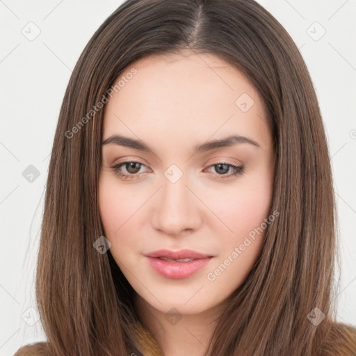 Neutral white young-adult female with long  brown hair and brown eyes