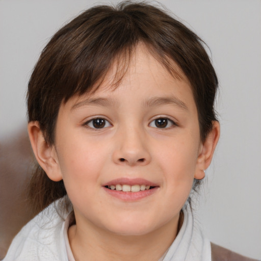 Joyful white child female with medium  brown hair and brown eyes