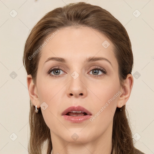 Neutral white young-adult female with long  brown hair and grey eyes