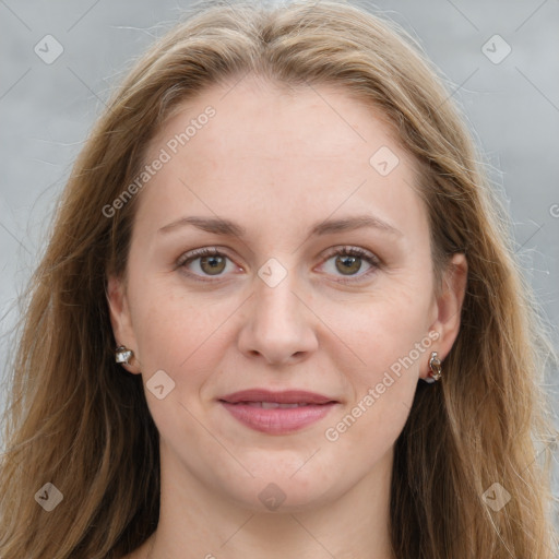 Joyful white young-adult female with long  brown hair and grey eyes